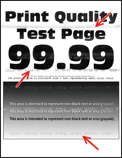 Test page with identical marks at fixed intervals indicated by red arrows.