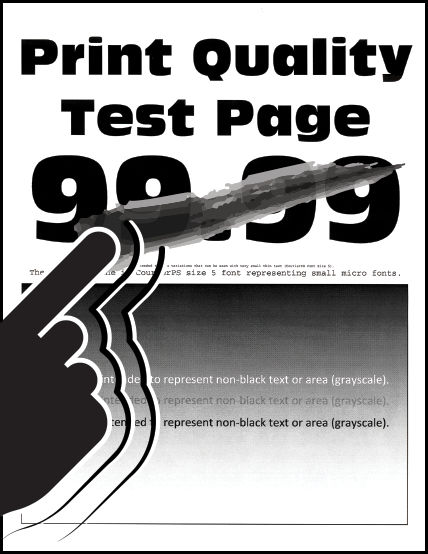 Test page with finger smearing toner to show poor fusing.