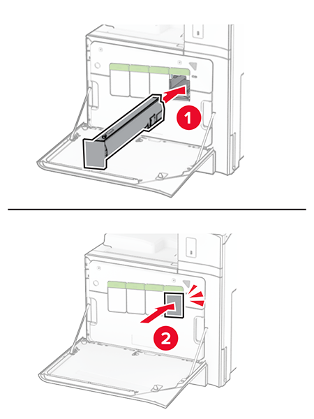 Toner cartridge is aligned, and then slid into the printer.