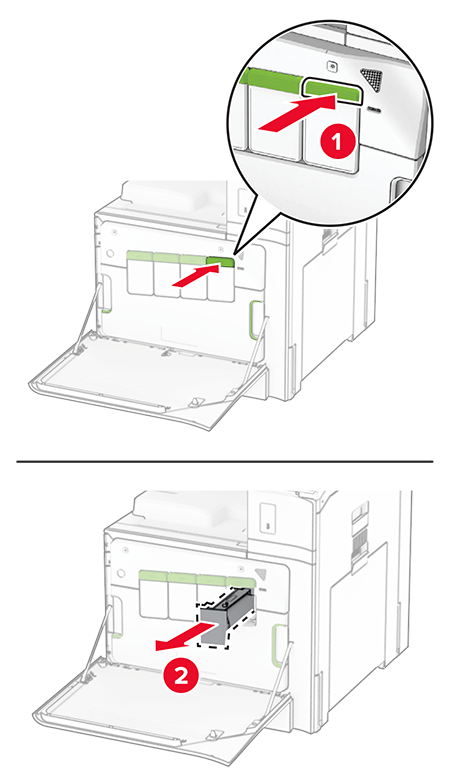 The green buttons are pushed, and then the cartridges are pulled out from the printer.