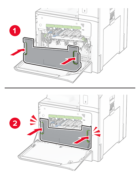 The waste toner bottle is attached to the printer.