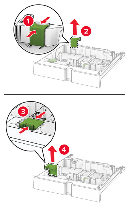 Replacing the size guides in the optional 550‑sheet tray | Lexmark