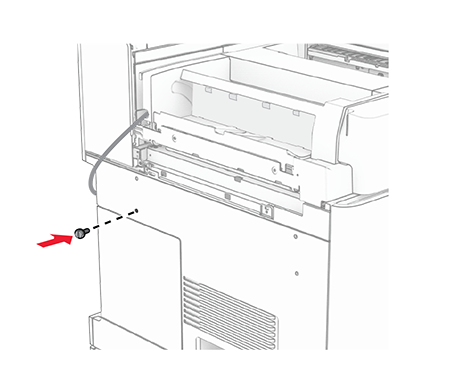 A screw is loosely attached to the printer to serve as an anchor for the mounting bracket.