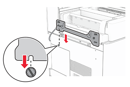 The mounting bracket is aligned, and then lowered unto the screw.